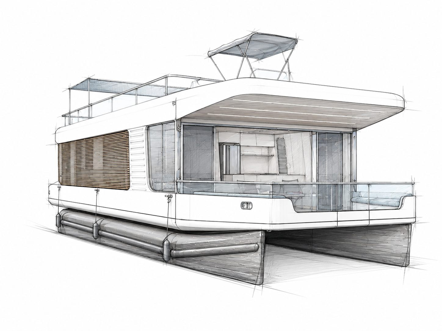 Schizzo di progetto del living yacht TK